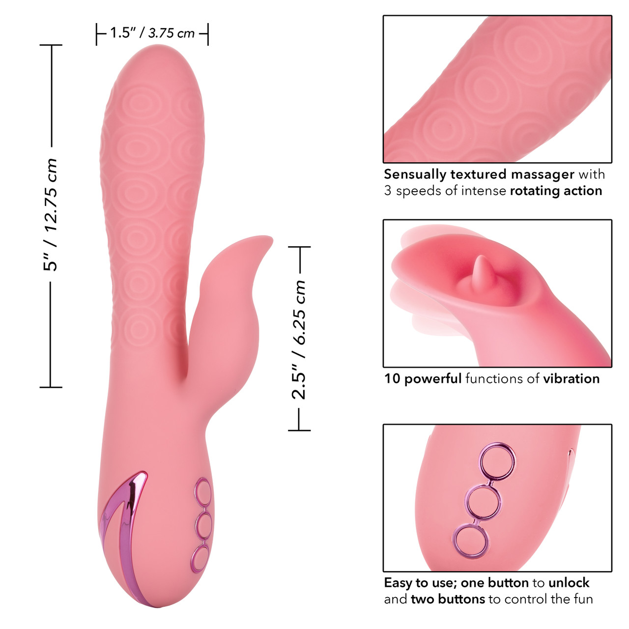 California Dreaming Pasadena Player Pink Rabbit Vibrator from California Exotic Novelties. Give into the beauty of pleasure with the perfectly crafted California Dreaming Pasadena Player. The luxurious massager has 10 intense vibration functions