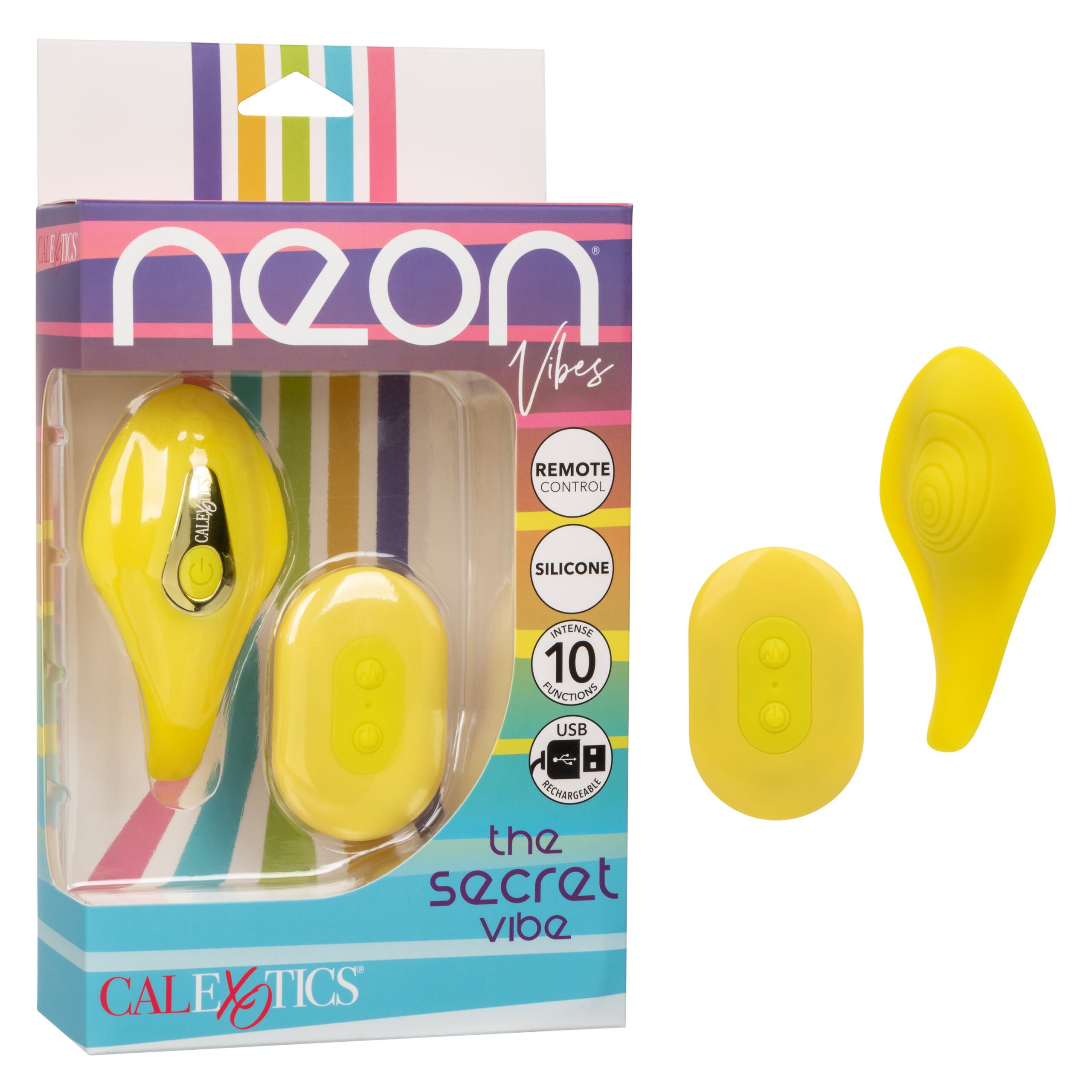 Neon Vibes The Secret Vibe Yellow Pleasure Toys from California Exotic Novelties. The Neon Vibes The Secret Vibe puts knee shaking pleasure at your very fingertips with a handy remote control! The ergonomically curved remote controlled vibrator is sure to