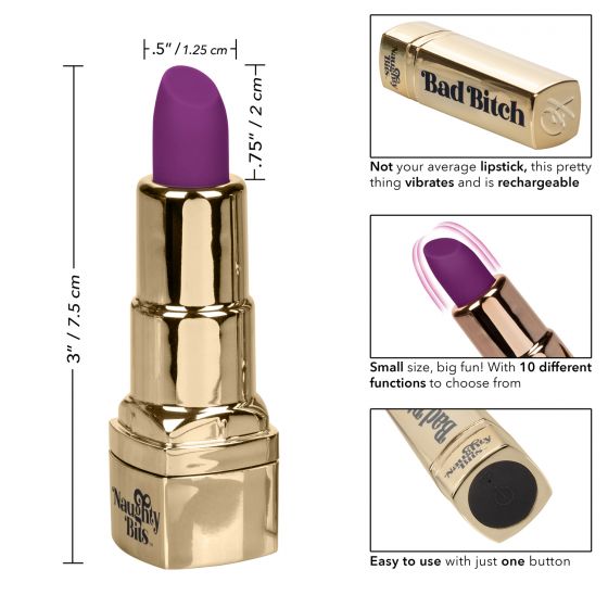 Watch as the Naughty Bits Bad Bitch Lipstick Vibrator throws your new favorite shade! The dazzling gold lipstick design