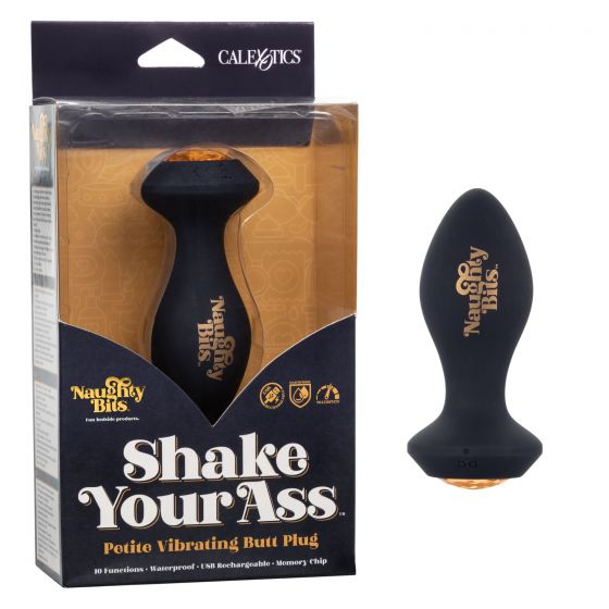 Naughty Bits Shake Your Ass Petite Vibrating Butt Plug from California Exotic Novelties. Shake and shimmy to the rhythmic vibrations of the Naughty Bits Shake Your Ass Petite Vibrating Butt Plug. This bold Plug has a contoured design and powerful vibratin