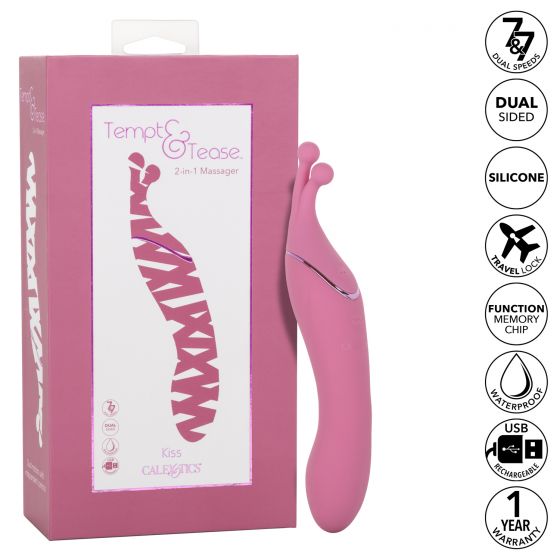 (WD) Tempt and Tease Kiss Massager from California Exotic Novelties. The Tempt and Tease Kiss is a dual sided massager that knows exactly what you are craving. Feel the heat rise with the dual ended massager with two distinctive ends