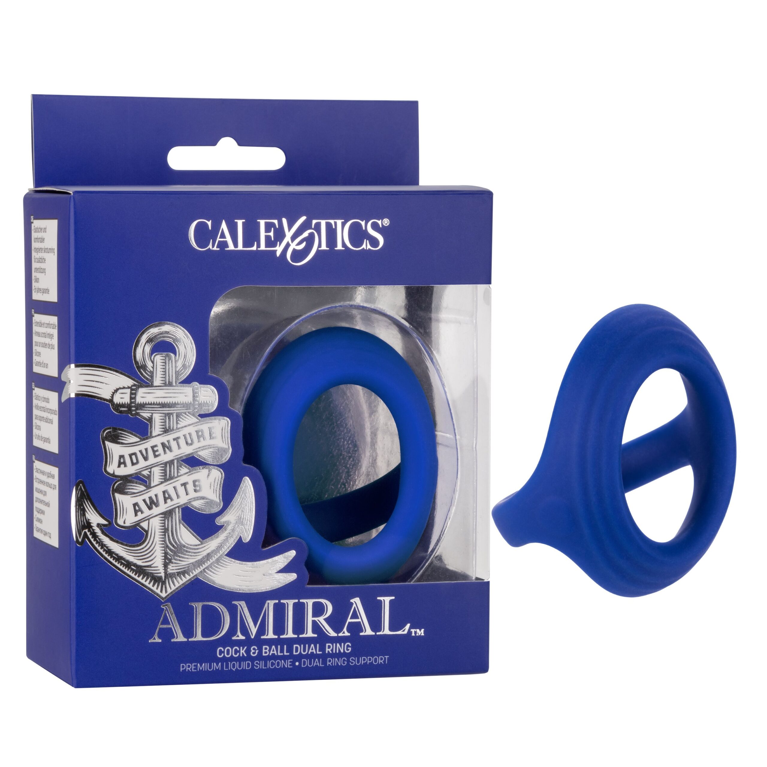 Admiral Cock and Ball Dual Ring from California Exotic Novelties. Adventure awaits. Explore new uncharted territories of pleasure with the plush Admiral Cock and Ball Dual Ring