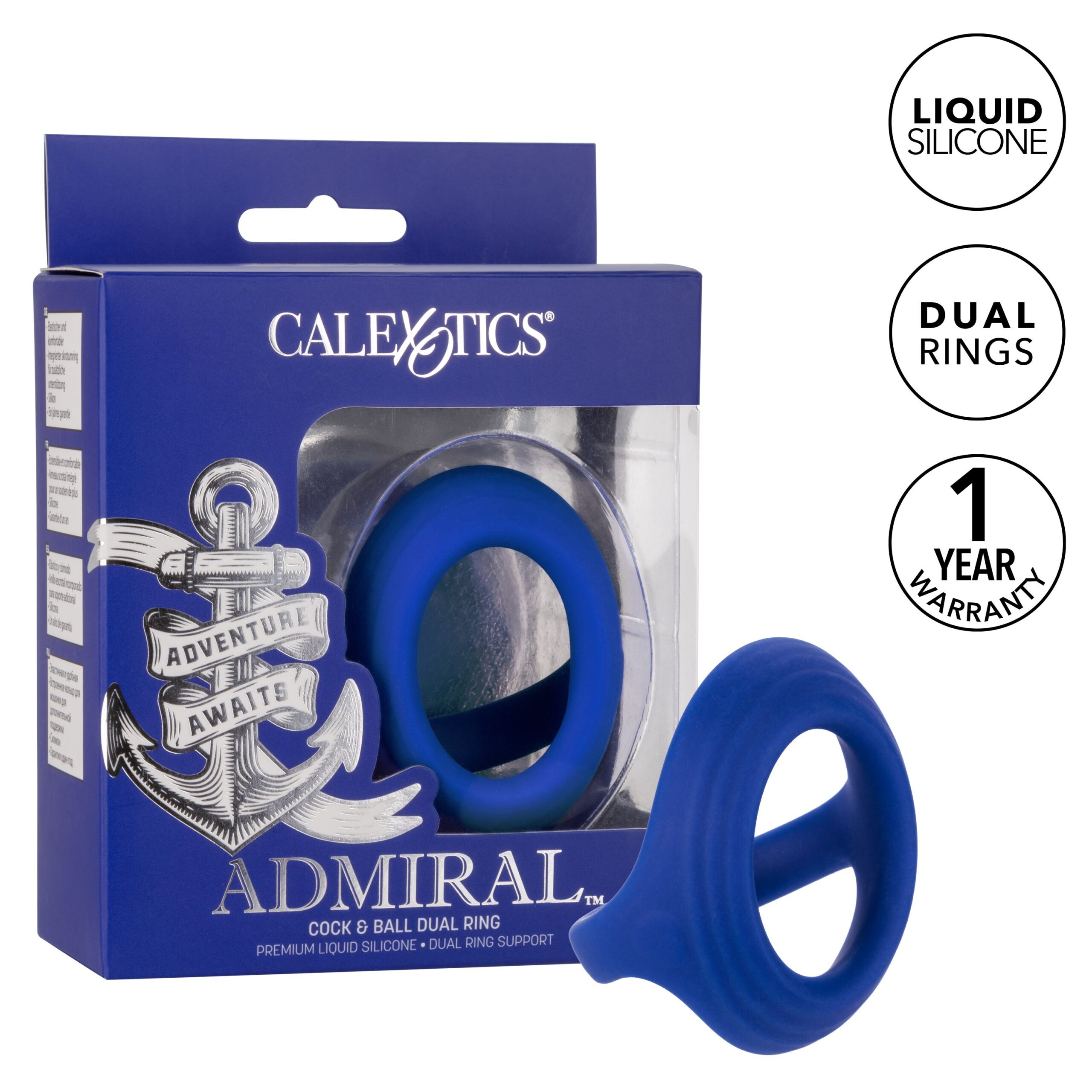 Admiral Cock and Ball Dual Ring from California Exotic Novelties. Adventure awaits. Explore new uncharted territories of pleasure with the plush Admiral Cock and Ball Dual Ring