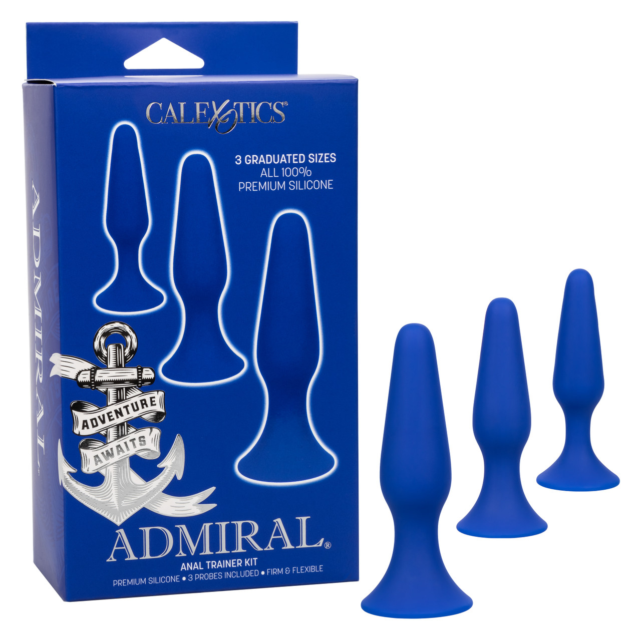 Admiral Anal Tranier Kit from California Exotic Novelties. Unlock new levels of pleasure with the Admiral Anal Trainer Kit. This comprehensive set includes three premium Silicone probes in graduated sizes