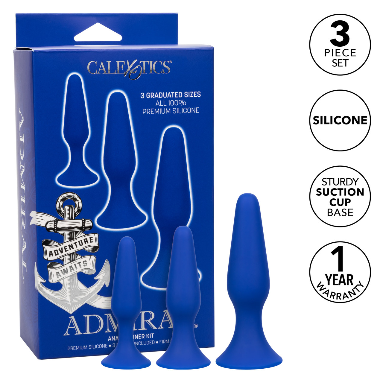 Admiral Anal Tranier Kit from California Exotic Novelties. Unlock new levels of pleasure with the Admiral Anal Trainer Kit. This comprehensive set includes three premium Silicone probes in graduated sizes