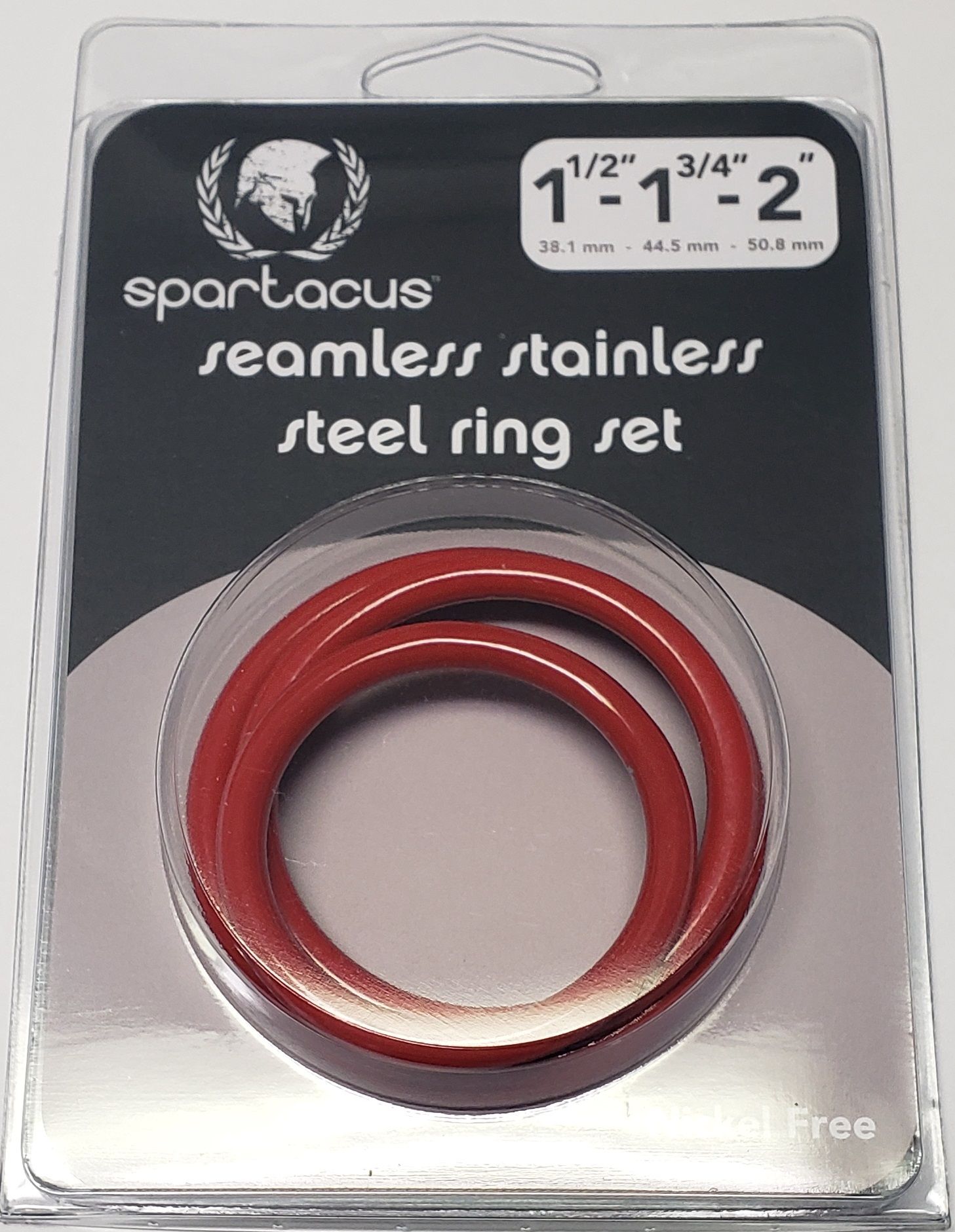 Red Seamless Stainless Steel C Ring Set comes with 3 different sizes of cock rings. 1.5 inches cock ring
