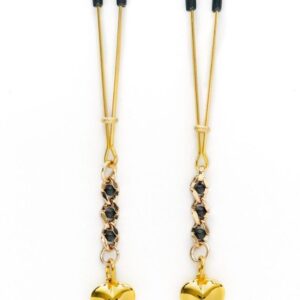Tweezer Nipple Clamps with Heart Pendant from Spartacus Leather.  Adjustable tweezer style nipple clamps with 2 heart pendants on the ends. Soft rubber tips. Adjust the clamps by sliding the metal rings up the tweezers from merely lovely decoration to pre