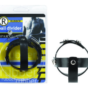Rubber T-Divider from Spartacus Leathers. T-Style Dividers. Made with soft rubber. Nickel free hardware available on some items. Testicle rings adjust from 1 inch to 1.5 inches. Base ring adjusts from 1.5 inches to 2 inches. Hand made in USA for over 30 y