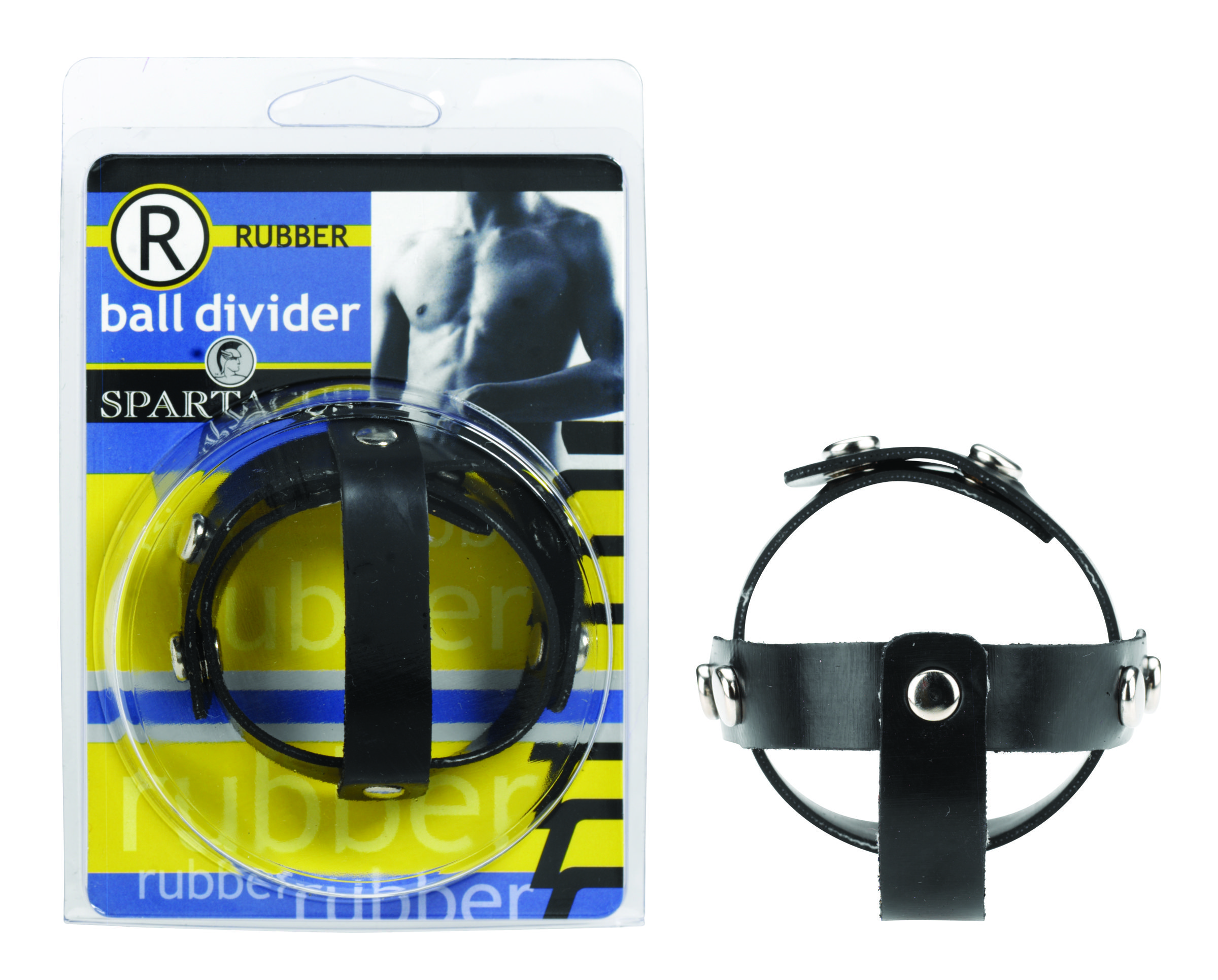 Rubber T-Divider from Spartacus Leathers. T-Style Dividers. Made with soft rubber. Nickel free hardware available on some items. Testicle rings adjust from 1 inch to 1.5 inches. Base ring adjusts from 1.5 inches to 2 inches. Hand made in USA for over 30 y