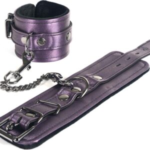 Galaxy Legend Wrist Restraints Faux Leather Purple from Spartacus Leathers. Faux Leather Wrist Restraints soft velvety lining. Nickel free hardware. Locking buckle. Removable chain link with snap clip. Spartacus Leathers - Galaxy Legend Wrist Restraints.