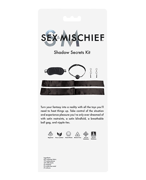 Sex and Mischief Shadow Secrets Kit from Sportsheets. Turn your fantasy into a reality with all the adult toys you will need to heat things up. Take control of the situation and experience pleasure you have only ever dreamed of with Satin Restraints