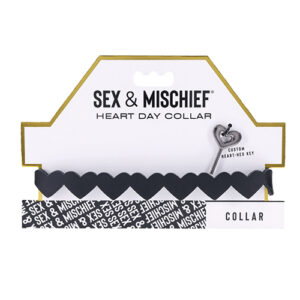 Sex and Mischief Heart Day Collar from Sportsheets. Custom Heart Hex Key locks Collar in place. Supple Faux Leather allows for comfortable all day wear. Adjustable length to fit necks 15 inches to 19 inches. Turn up the heat with the Heart Day Collar and