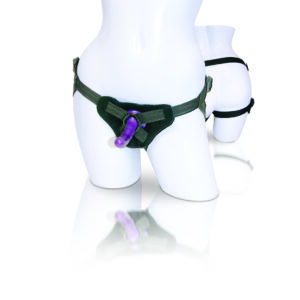 Sex and Mischief Collection from Sportsheets. Strap On and Silicone Dildo Kit. This Strap-on and silicone dildo kit features a four way adjustable harness and a slender starter size dildo perfect for beginner peggers. Low riding waist has four away adjust