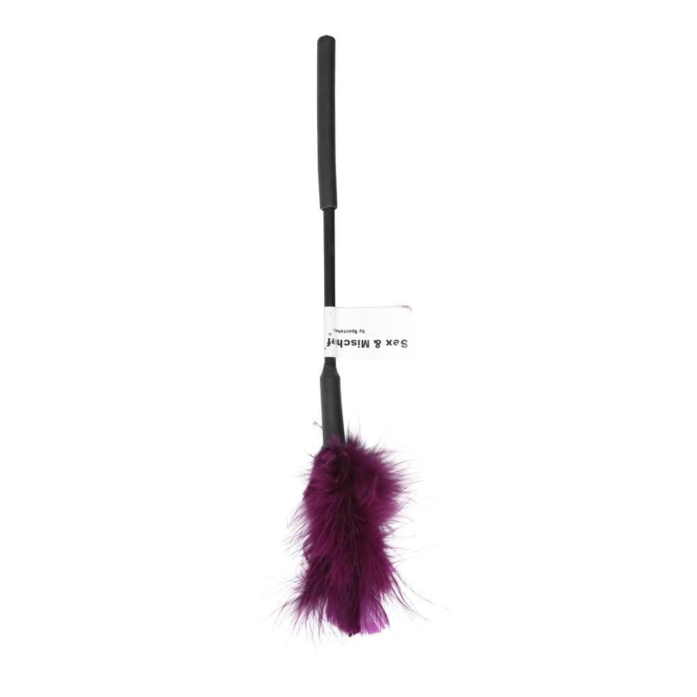 Sex and Mischief Collection from Sportsheets. Feather Tickler Purple. Designer turkey feathers for ultimate tickling tactile play. Details 13 inches soft Feather Tickler in purple. Materials Turkey feather