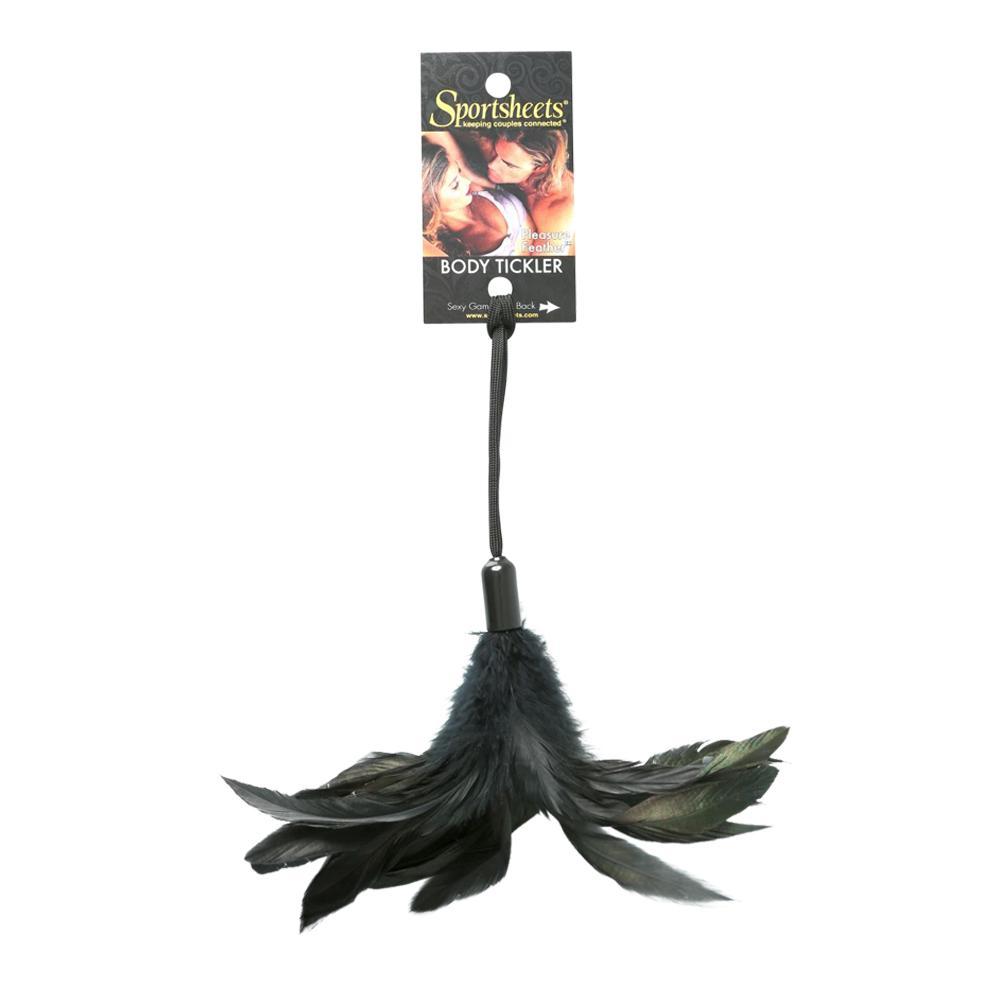 Pleasure Feathers Black. A perfect finishing touch to any sex toy collection! This sassy little feather tickler lets you arouse your lover with playful strokes across their body. Simply slide on the attached wrist strap