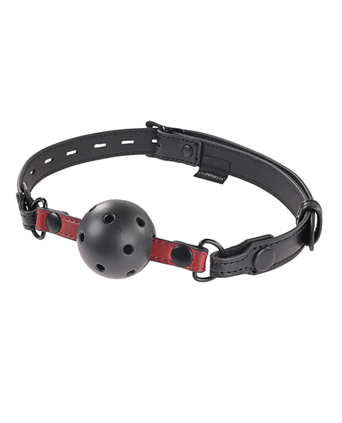 Saffron Interchangeable Gag from Sportsheets. Add the shhhh to sultry with bright scarlet accents on a black satin finish. Luxurious Faux Leather and your choice of bite ring or breathable ball gag make the Saffron Interchangeable Gag a versatile must hav