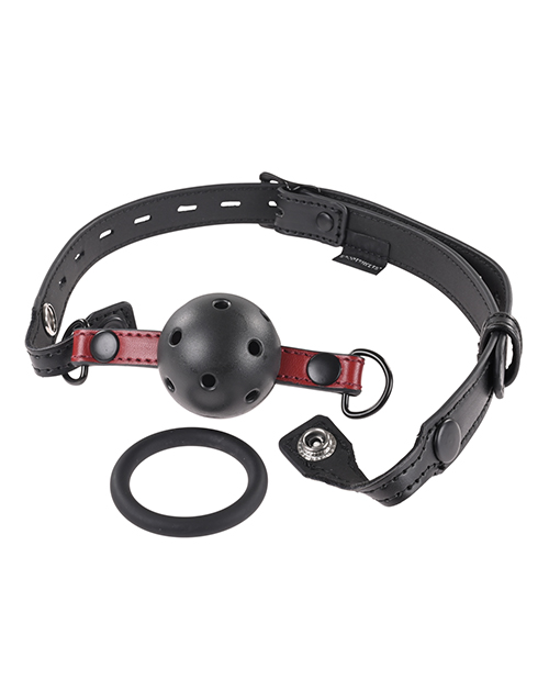 Saffron Interchangeable Gag from Sportsheets. Add the shhhh to sultry with bright scarlet accents on a black satin finish. Luxurious Faux Leather and your choice of bite ring or breathable ball gag make the Saffron Interchangeable Gag a versatile must hav
