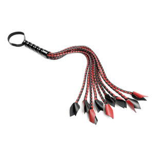 Saffron Braided Flogger from Sportsheets. Intensify your impact play with the Saffron Braided Flogger. Each of this cat of nine tails faux leather flogger's thick braided falls ends in a tip reminiscent of riding crops