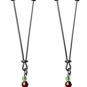 From Sportsheets Sex and Mischief line Nipple Clips Ruby Black tweezer style clamps. New to nipple play? These Nipple Clamps are perfect for the beginner. Easy to adjust pinch. Rings slide down the shaft of the tweezer like clip for as snug  as you like s