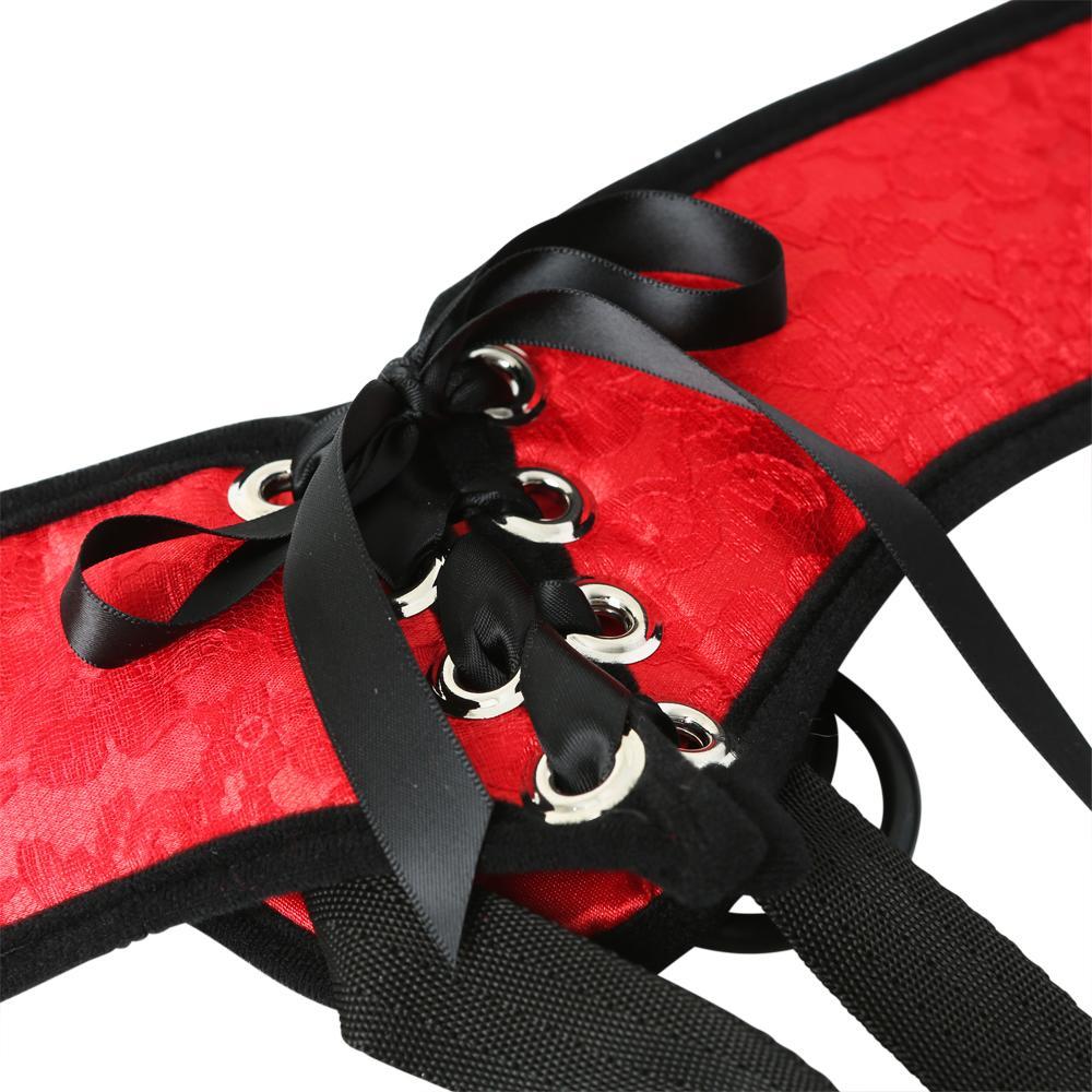 Sportsheets Red Lace Sunrise Corsette Strap On is a one size fits most harness. Red lipstick