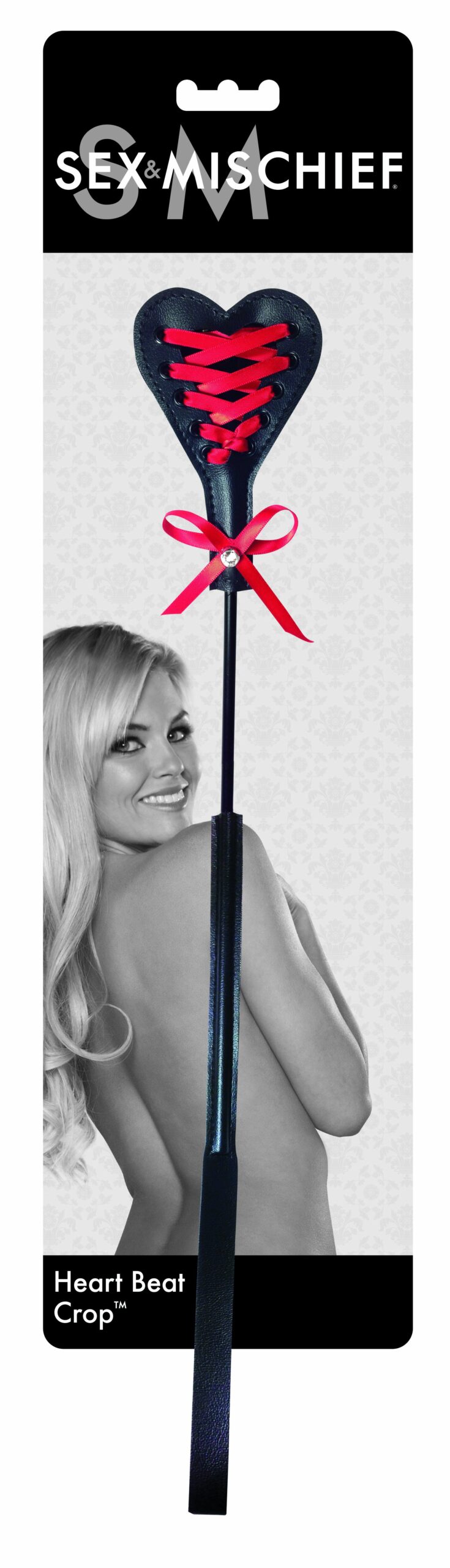 Sex and Mischief Heart Beat Crop. A corsetted crop to make your heart stop! Nothing spikes the pulse like a quick swat on the hindquarters! This precious but powerful crop alludes to the loving feelings bound tightly within your laced up heart