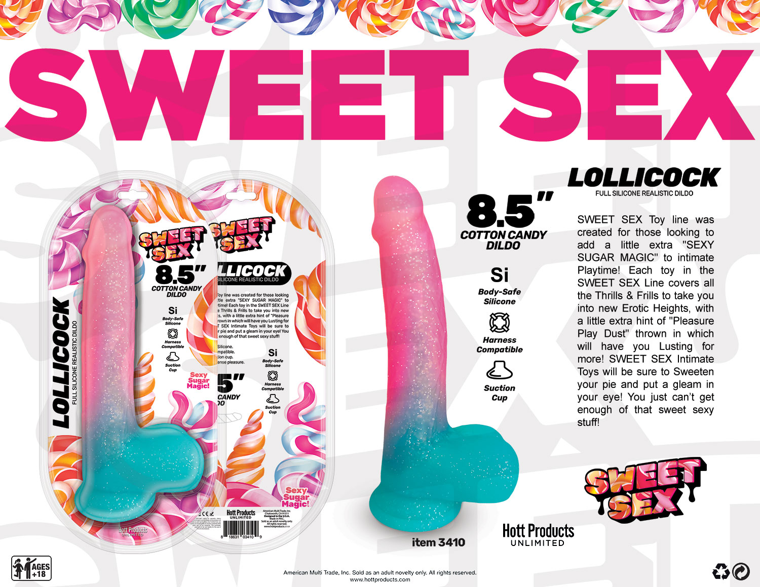 Sweet Sex Lollicock 8.5 inches Dildo from Hott Products Unlimited. Sex Sweet Toy line created for those looking to add a little extra sexy sugar magic to intimate adult play time! Each toy in the Sweet Sex line covers all the thrills and frills to take yo