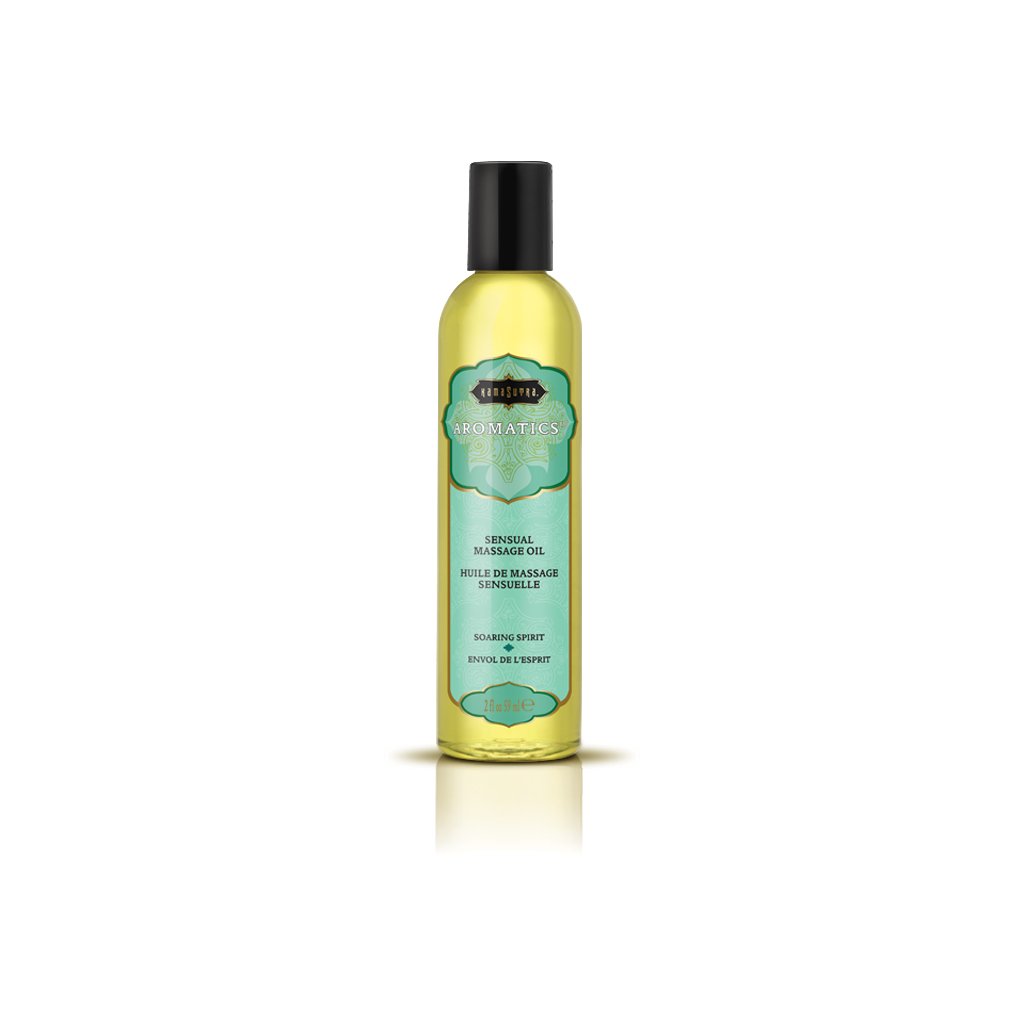 Kama Sutra Aromatic Massage Oil Soaring Spirit 2 fluid ounces. Feel the difference. Now available in a convenient travel size