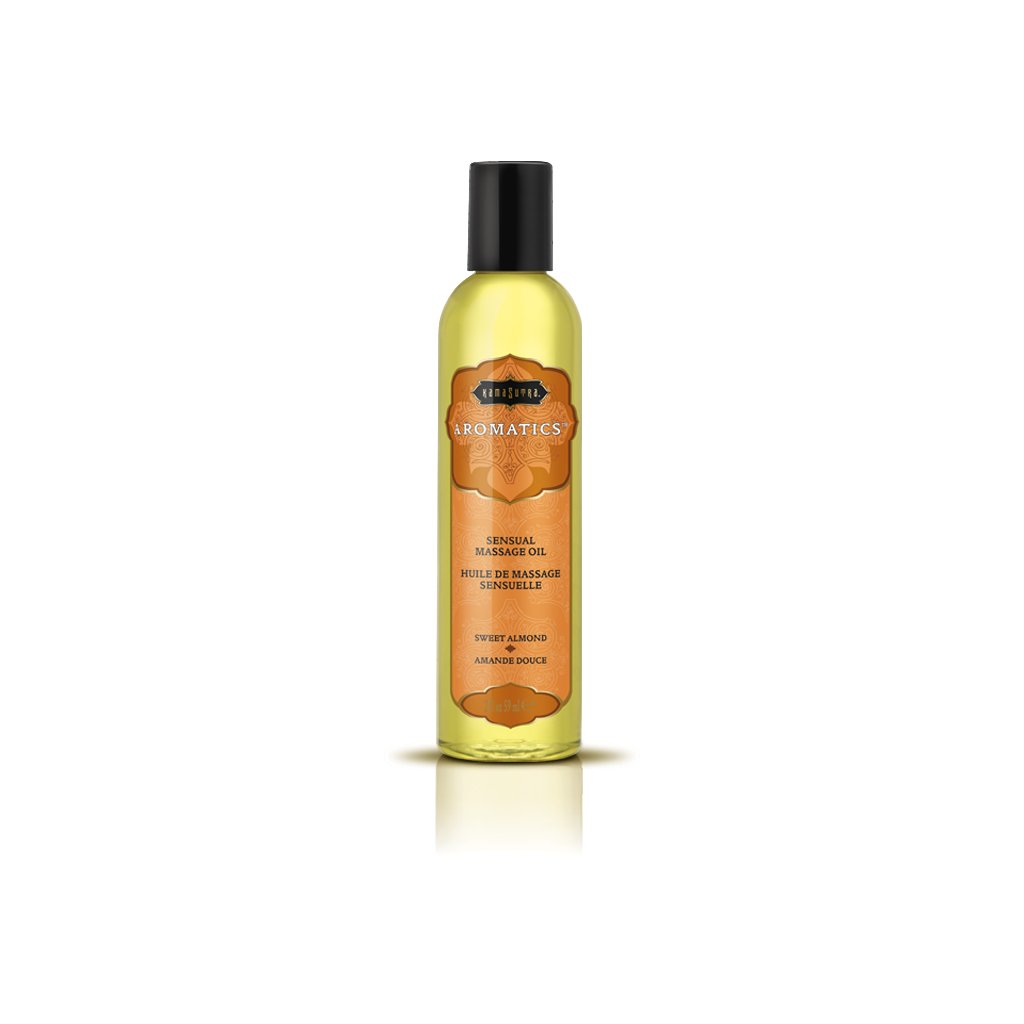 Kama Sutra Aromatic Massage Oil Sweet Almond 2 fluid ounces. Feel the difference. Now available in a convenient travel size