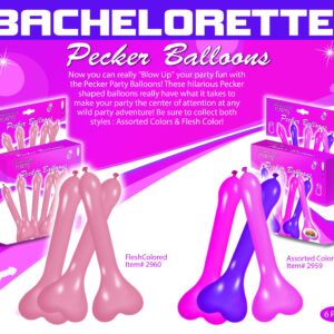 Bachelorette Pecker Balloons Assorted Colors 6 pieces box from Hott Products Unlimited. Now you can blow up your party fun with the Pecker Party Balloons. These hilarious pecker shaped balloons really have what it takes your party the center of attention
