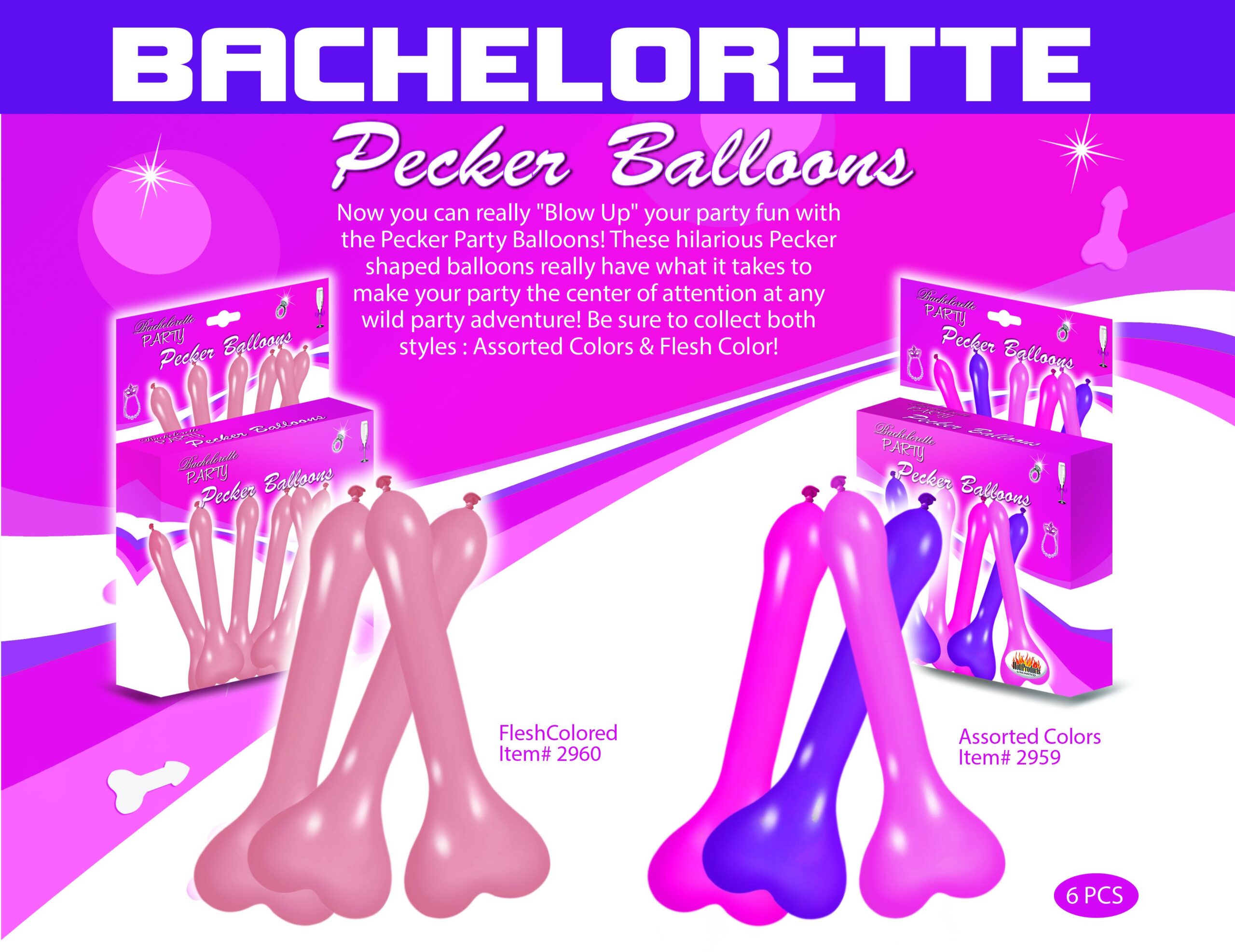 Bachelorette Pecker Balloons Assorted Colors 6 pieces box from Hott Products Unlimited. Now you can blow up your party fun with the Pecker Party Balloons. These hilarious pecker shaped balloons really have what it takes your party the center of attention