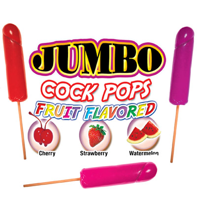 The Jumbo Fruit Flavored Cock Pops 6 pieces display. that is as much fun to suck as it is to lick! 6 big inches of succulent fun! How many colors can you swallow ? Well find out when you suck on one of our great tasting Jumbo Rainbow Cock Pops! These Jumb