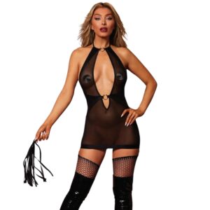 Deep plunging halter neckline with ties