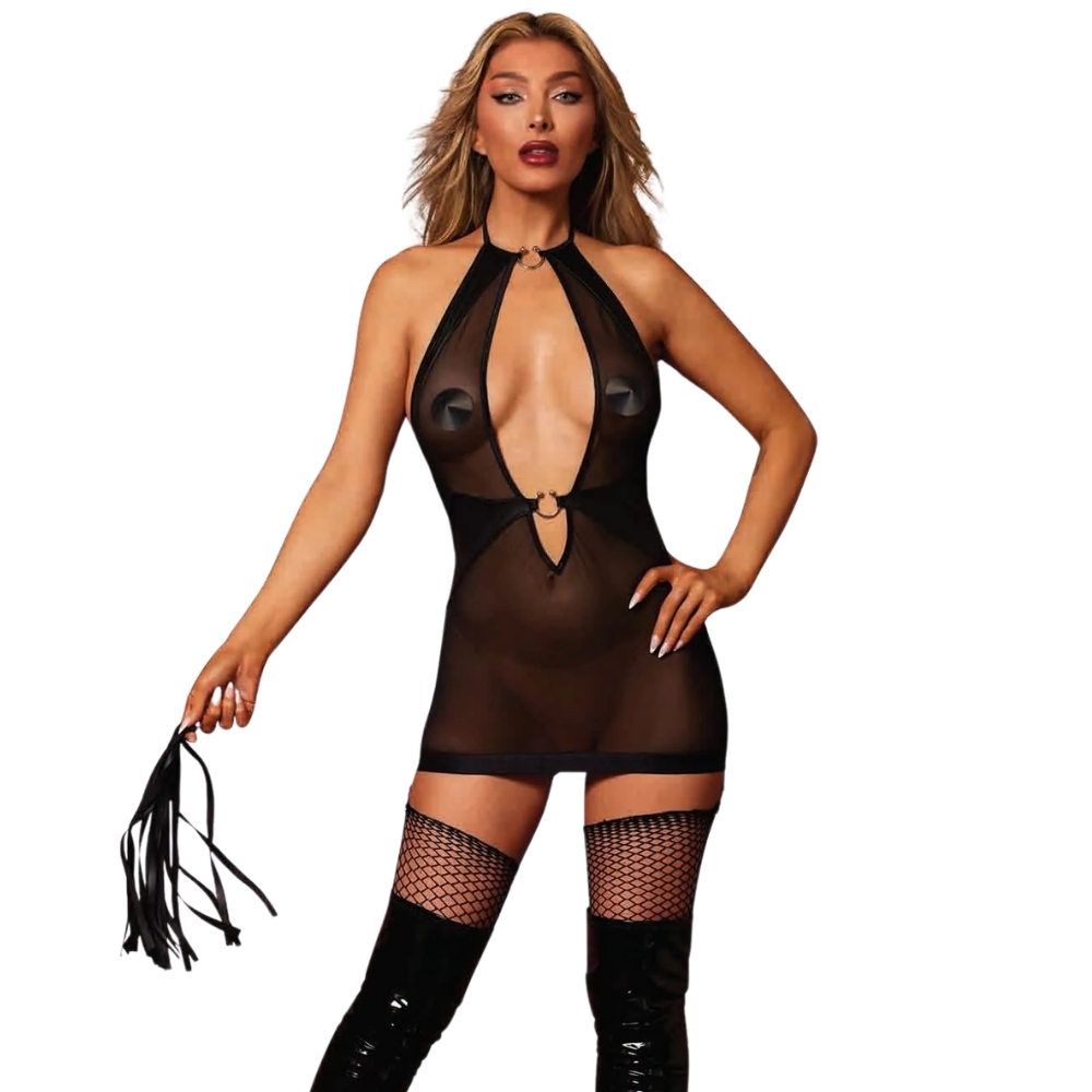 Deep plunging halter neckline with ties