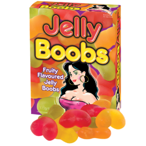 Spencer Gummy Boobs from Hott Products Unlimited.  4.23 ounces of Delicious Jelly Boobs. Manufactured in Holland. Carton size: approximately 4.8 inches by 3.78 inches by 1.38 inches. Weight 4.23 ounces. Contents jelly with fruit flavor gummies. Made in Th