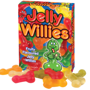 Penis Gummies from Hott Products Unlimited. 4.23 ounces of Delicious Jelly Willies. Manufactured in Holland. Carton size: approximately 4.8 inches by 3.78 inches by 1.38 inches. Weight 4.23 ounces. Contents jelly with fruit flavor. Made in The Netherlands