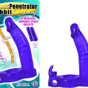 Double Penetrator Rabbit Cock Ring Purple from Nasstoys of New York. With the Double penetrator cock ring imagine what you could do if you had two! This cock ring has a uniquely designed tickler dong. While the stretchy vibrating penis ring prolongs your