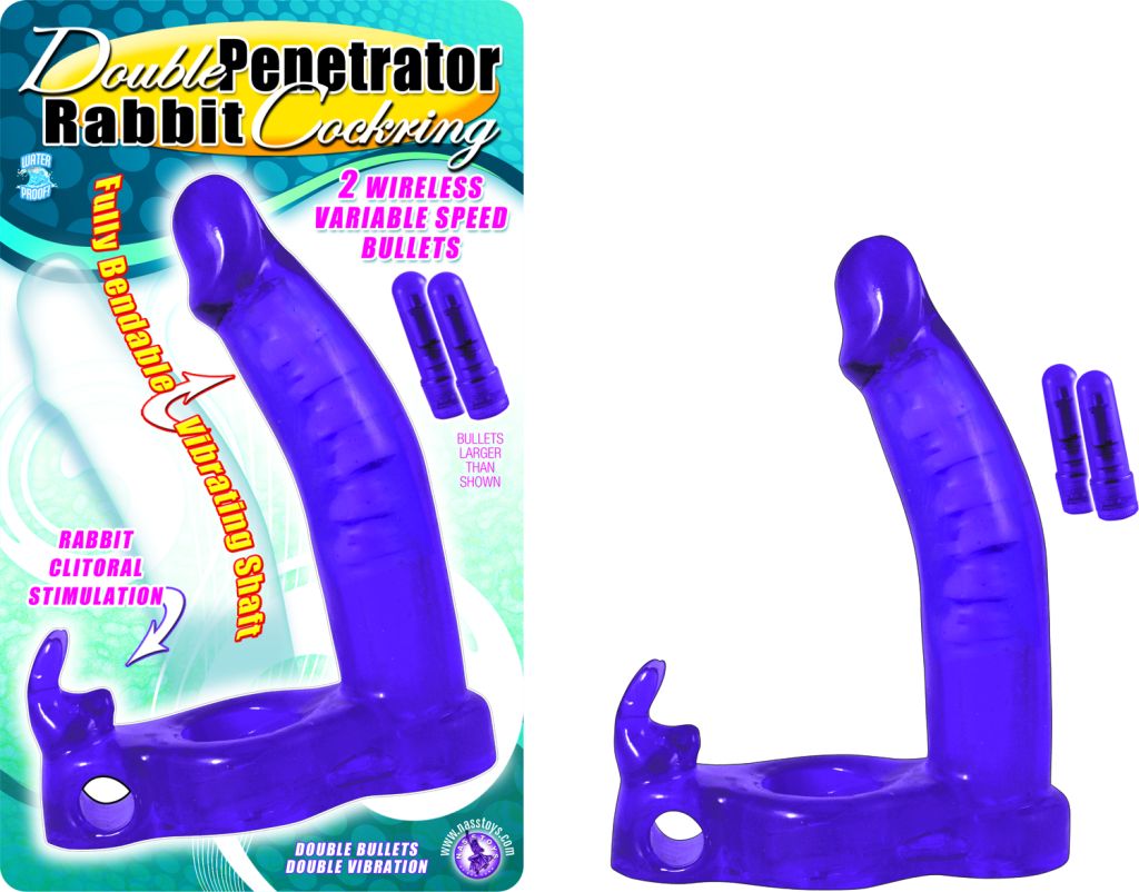 Double Penetrator Rabbit Cock Ring Purple from Nasstoys of New York. With the Double penetrator cock ring imagine what you could do if you had two! This cock ring has a uniquely designed tickler dong. While the stretchy vibrating penis ring prolongs your