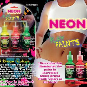 Neon Body Paints 3 Pack Carded from Hott Products Unlimited. Now you can write out your inter most desires on your lover's body with these fun neon play paints. These bright assorted paints are easy to use and fun to play with Let your lover know what is