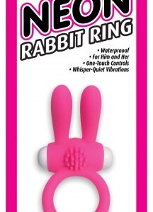 Neon Rabbit Ring Pink from Pipedream Products. Waterproof vibrating ring for her and him. One touch control. Whisper quiet operation. Prolong the fun and make pleasure last with this Neon Rabbit Ring. Flip the switch on the tiny micro bullet and enjoy in