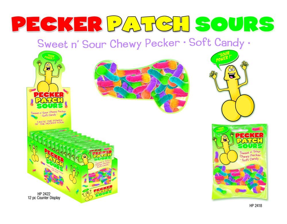 Sour Pecker Patch Display 12 pieces point of purchase with a colorful header. Get your taste buds ready for some Sweet and Sour Fun! Fashioned in the shape of a cute little pecker. Pecker Patch Sours are sure to be a hit when ever and where ever you open
