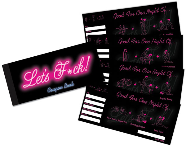 Let's F*ck Coupons 20 romantic tickets for foreplay and couples fun. Let's F*ck! Coupons to give to your lover whenever you're feeling generous and horny! Each coupon offers a unique sexual f*cking adventure! Let's F*ck Coupons from Kheper Games. Kheper G