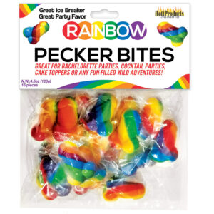 Rainbow Pecker Bites Fruit Flavors from Hott Products Unlimited. Bag contains 16 pieces. Net weight 4.5 ounces.  Great ice breaker. Great party favor. Great for bachelorette parties