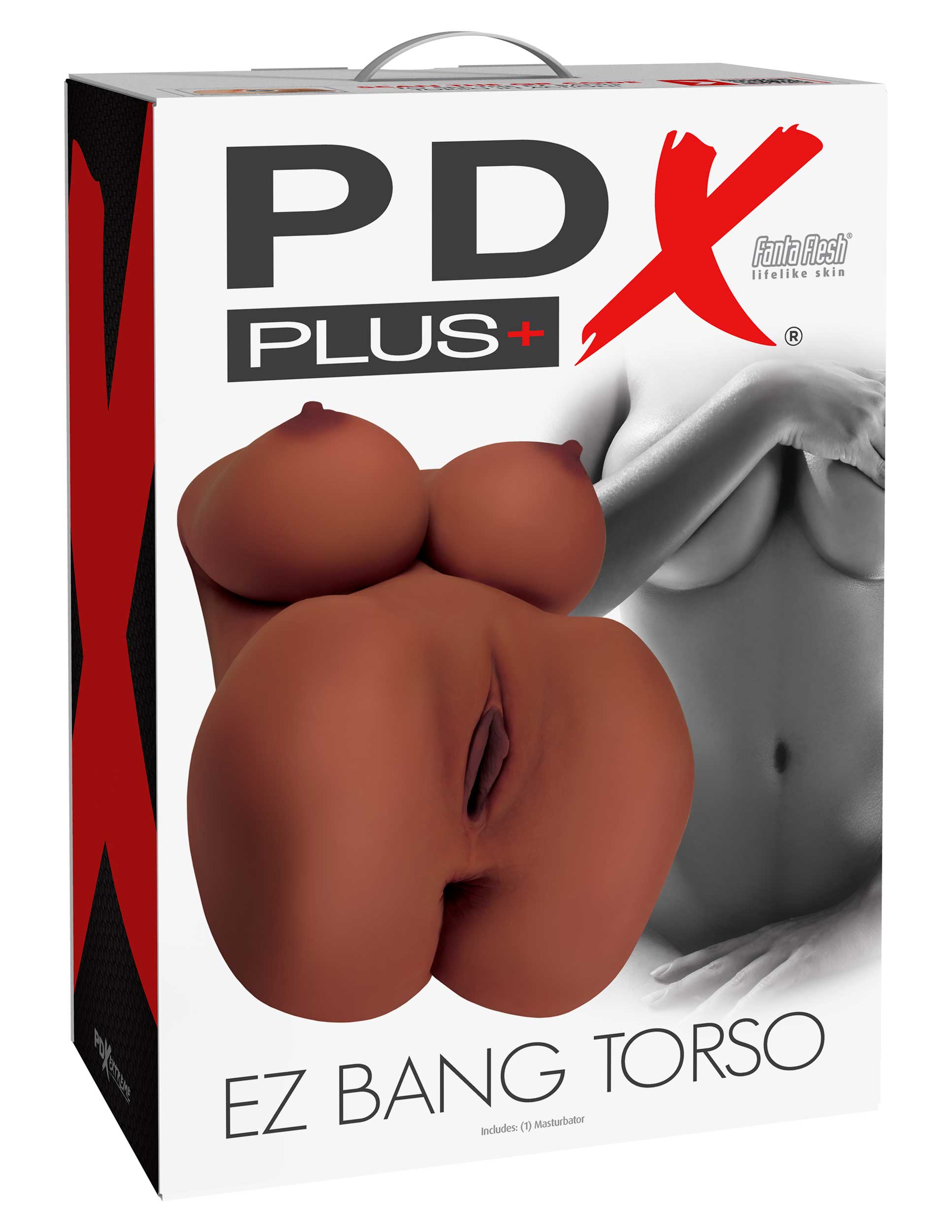 PDX Plus EZ Bang Torso Brown Skin Tone Masturbator from Pipedream Products. The PDX Plus EZ Bang Torso has full size features in a compact design