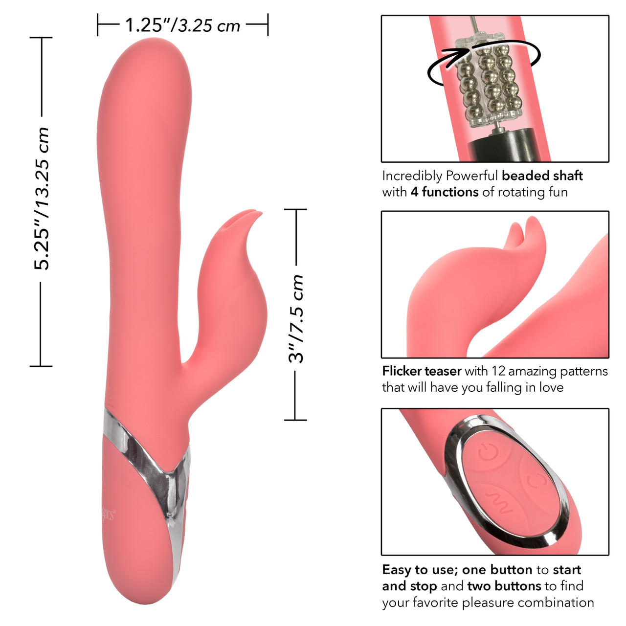 Enchanted Tickler Rabbit Style Vibrator from California Exotic Novelties features multiple rows of non-jamming pleasure beads. Bring a little magic to your bedroom with the Enchanted Tickler Vibrating Massager. Transport yourself to a wonderland of pleasu