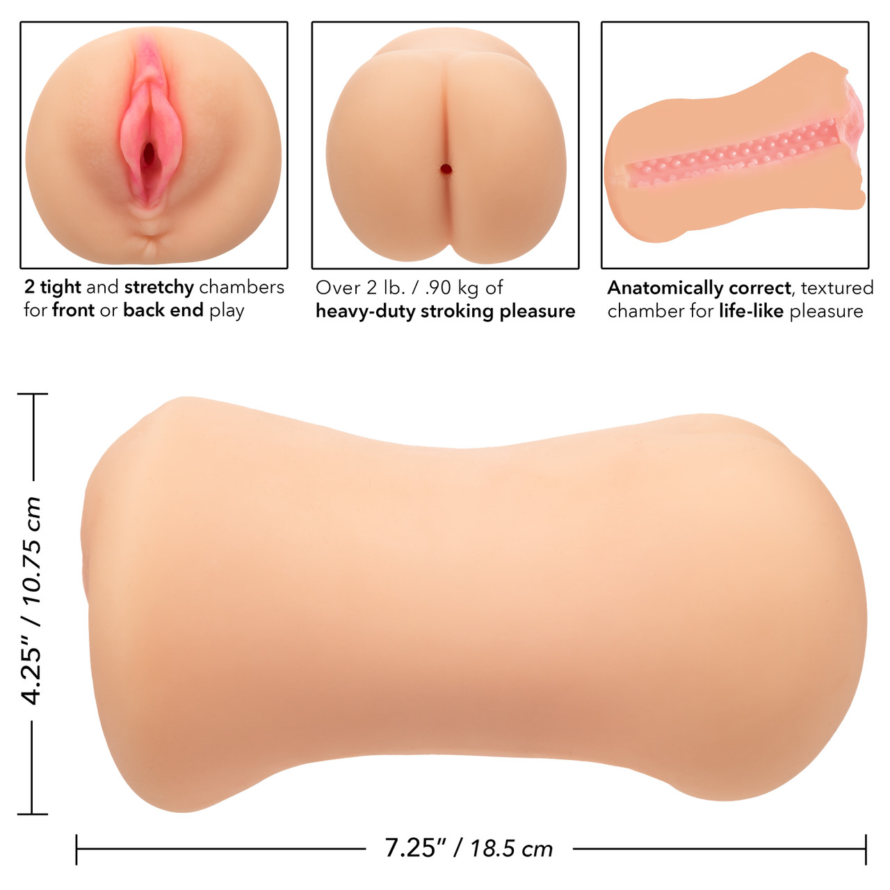 Stroke It Dual Entry Pussy and Ass Ivory Light Skin Tone from California Exotic Novelties. The Stroke It collection brings you the Dual Entry Pussy and Ass Stroker Sleeve meant to thrill with extreme Stroking action. Dive deep into over 2 pounds of heavy
