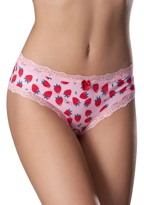 Venture through an orchard of temptation with our Sweet Treats Crotchless Boy Short with Edible Lube. These silky microfiber panties are like satin petals on a sensual flower. Graced with the succulent allure of fruit prints and delicate lace trim