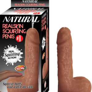 Natural Realskin Squirting Penis number 1 Brown Dildo from Nasstoys of New York. Real squirting action. Better than Real Real Skin. 5 inches insertion length. Hold penis up right and press top of balls to watch penis squirt. Waterproof