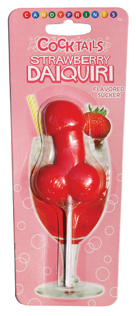 Cocktails Sucker Strawberry Daiquiri Flavored Lollipop from Candyprints. What is shaped like a penis and tastes like a mixed drink? Our new and original cocktail suckers. Best of all they come in three flavors: Margarita