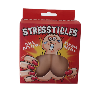 Stressticles from Hott Products Unlimited. Testicle shaped stress balls - the ultimate stress reliever. Carton size approximately 4.33 inches by 2.36 inches by 5.12 inches. Contents: stress bag in the shape of testicles. Categories: Party Games