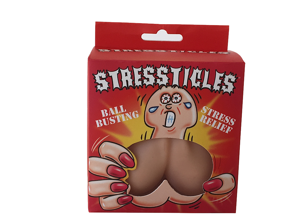 Stressticles from Hott Products Unlimited. Testicle shaped stress balls - the ultimate stress reliever. Carton size approximately 4.33 inches by 2.36 inches by 5.12 inches. Contents: stress bag in the shape of testicles. Categories: Party Games